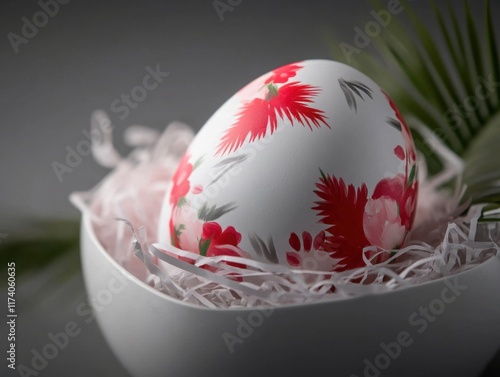 Beautifully decorated Easter egg resting in a white bowl with floral designs and shredded paper photo