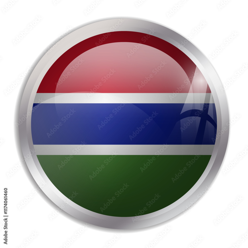 Gambia flag - glossy circle button displays a colorful flag representing a country cultural identity and heritage. The essence of national pride and unity. Gambia flag - glossy circle button displays a colorful flag representing a country cultural identity and heritage. The essence of national pride and unity.