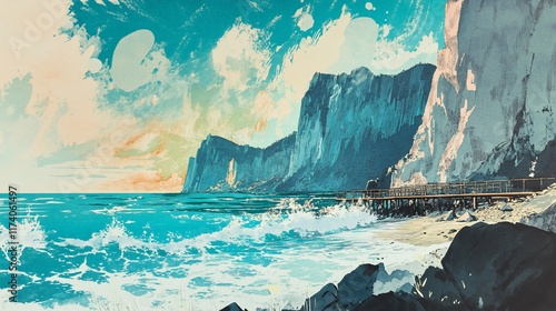 Serene coastal cliffscape with turquoise ocean waves crashing on a sandy beach and wooden pier at sunset. photo