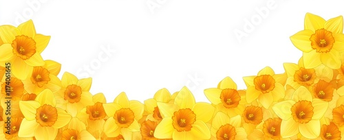 A banner with an isolated cutout of a field of yellow spring daffodils on a clear, transparent background