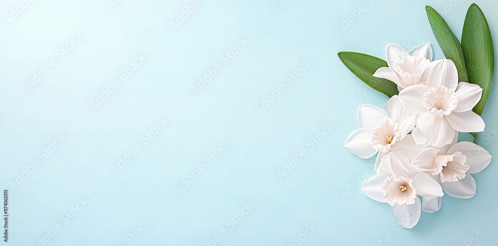 Fototapeta premium Tulips and daffodils set on a blue background in a flat lay style, suitable for a spring greeting card with available space for copy.