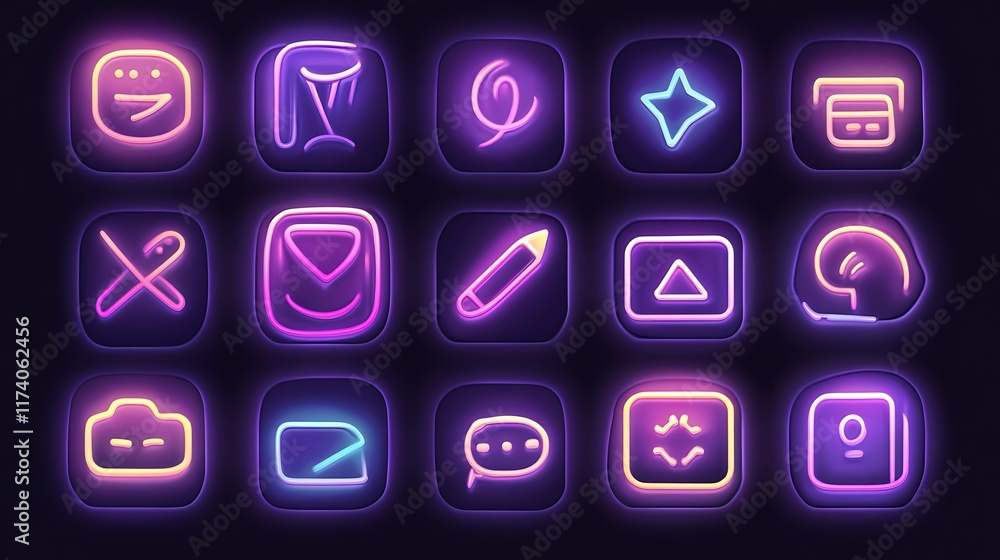 Neon Glowing App Icons Displayed On Dark Background Neon Glowing App Icons Displayed On Dark Background
