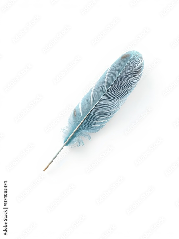 Fototapeta premium Single, soft blue feather floats against pure white background, serenity, macro