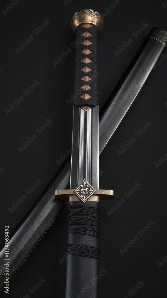 Naklejka premium Sharp katana blade in polished scabbard, intricate tsuka details, japan, sharp