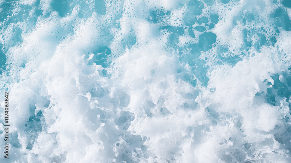 Fototapeta premium Abstract background, dynamic close-up of ocean waves with white foam and turquoise water
