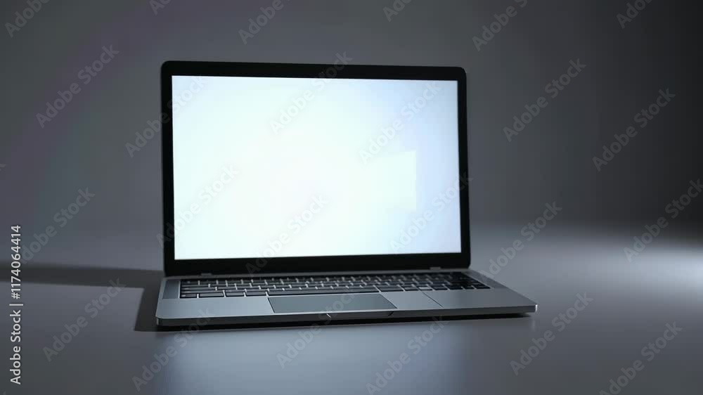 Laptop on table with blank screen displayed during a technology demonstration in a modern workspace setting Laptop on table with blank screen displayed during a technology demonstration in a modern workspace setting