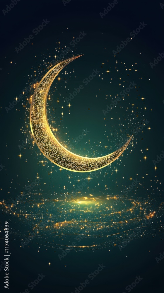 Naklejka premium Ornate Golden Crescent Moon Amidst Sparkling Stars