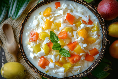 Aerial perspective of Buko Salad a Filipino dessert featuring fresh young coconut sweetened milk or cream fruit cocktail and additional components photo