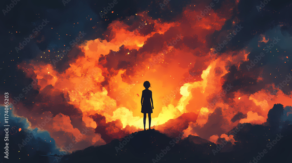 Fototapeta premium Silhouetted figure against dramatic fiery sky. Earthbound. Illustration