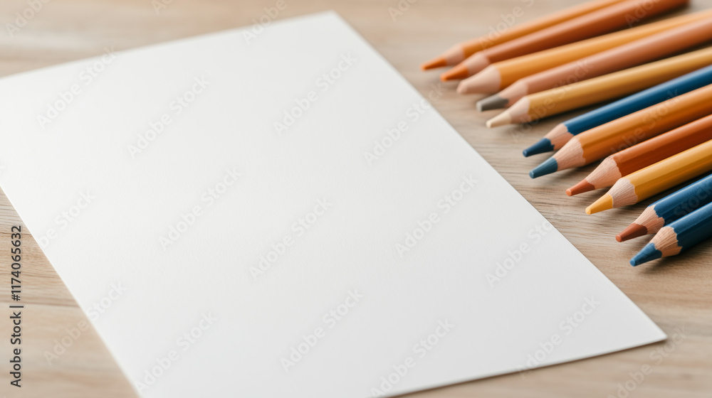 Obraz premium Artistic composition of colored pencils arranged beside a blank sheet on a wooden surface for creative projects and artistic expression