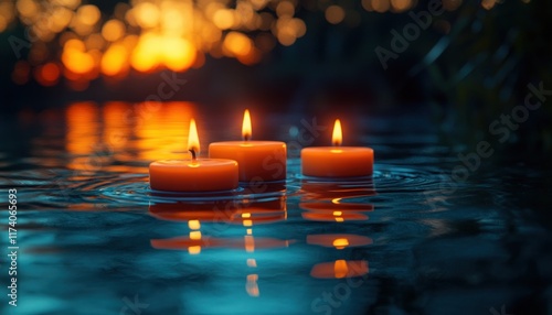 Floating Candles on Ganga River at Dusk with Earthen Lamps during Festival Celebration photo