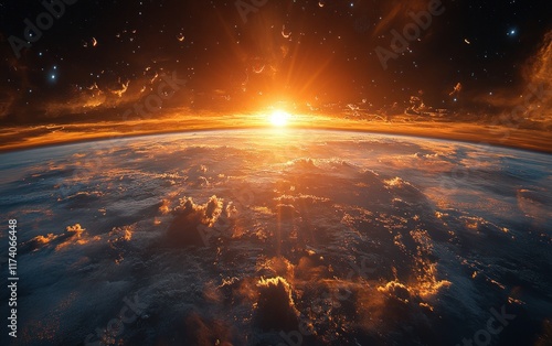 Vibrant Sunrise Over Earth with Satellite Debris Highlighting Space Pollution and Environmental Challenges photo