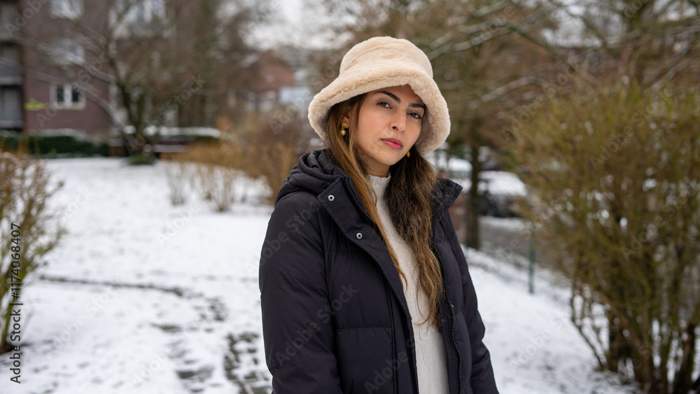 Beautiful woman in the snow wearing a black jacket white clothes with white woollen hat and gloves Beautiful woman in the snow wearing a black jacket white clothes with white woollen hat and gloves