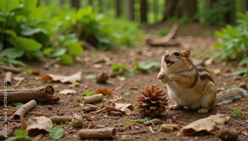 Fototapeta premium Chattering chipmunk foraging on forest floor, nature's playfulness