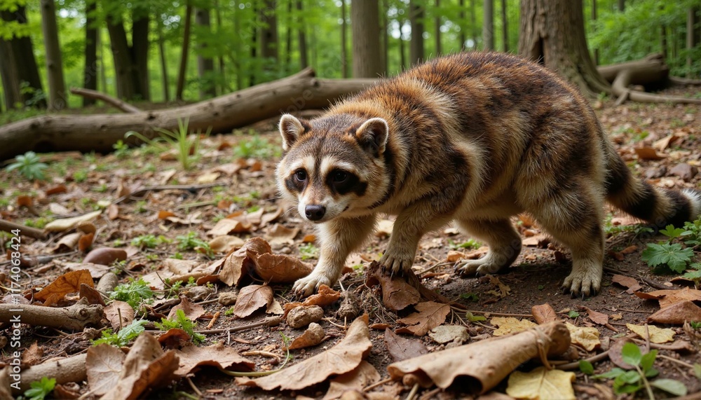 Fototapeta premium Playful raccoon exploring leaf-strewn forest floor, nature's wonder