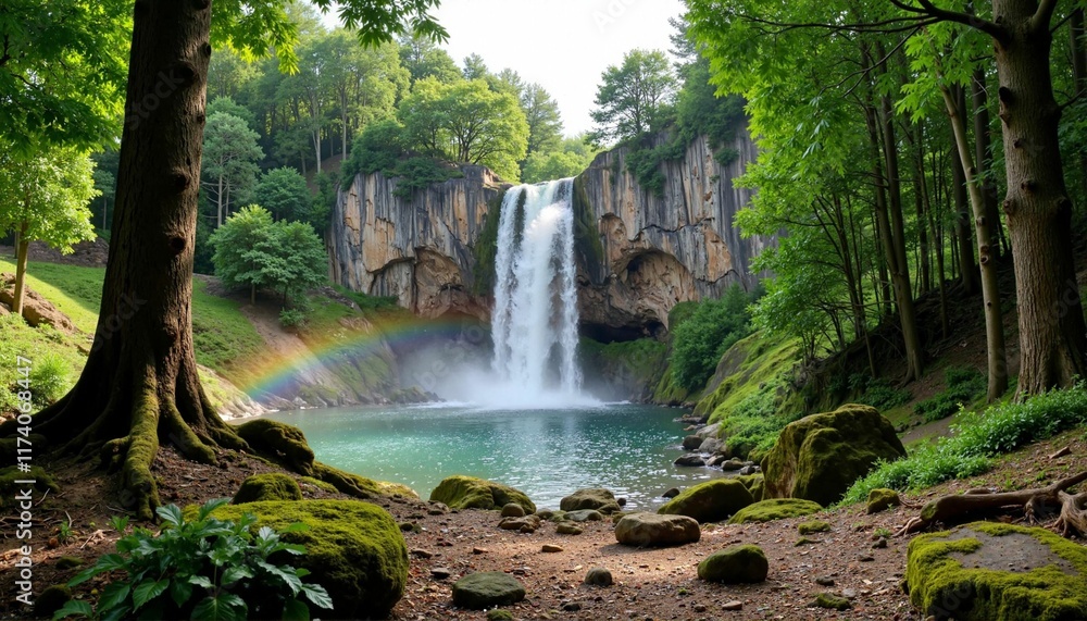 Obraz premium Majestic waterfall cascading into serene lake, vibrant nature