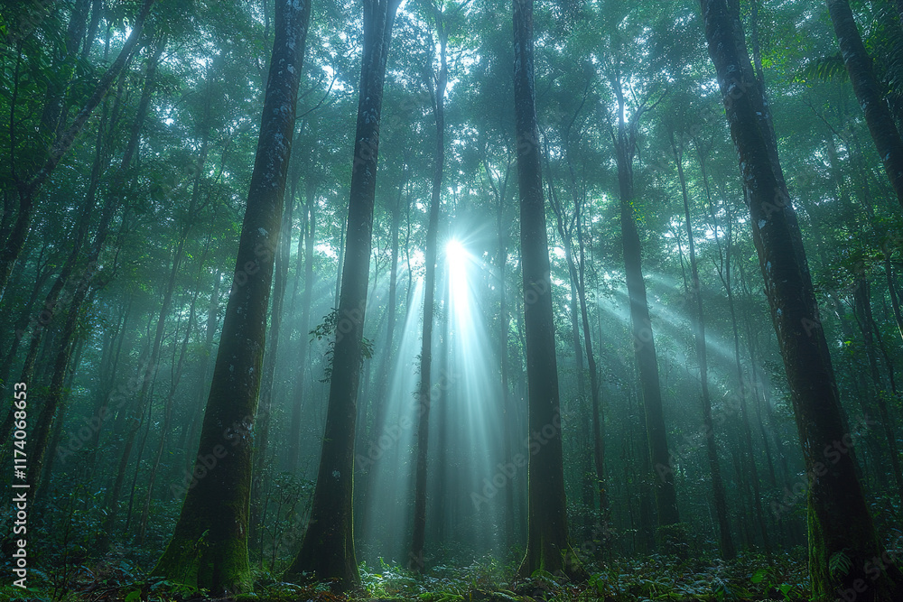 Obraz premium Sunlight streams through dense forest canopy creating a serene and mystical atmosphere in the morning