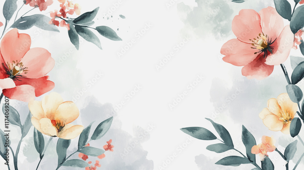 Fototapeta premium Elegant wedding invitation card background vector. Minimal hand painted watercolor botanical flowers texture template background. Design for wedding, vip cover, poster, rsvp moderncard.Valentine's Day