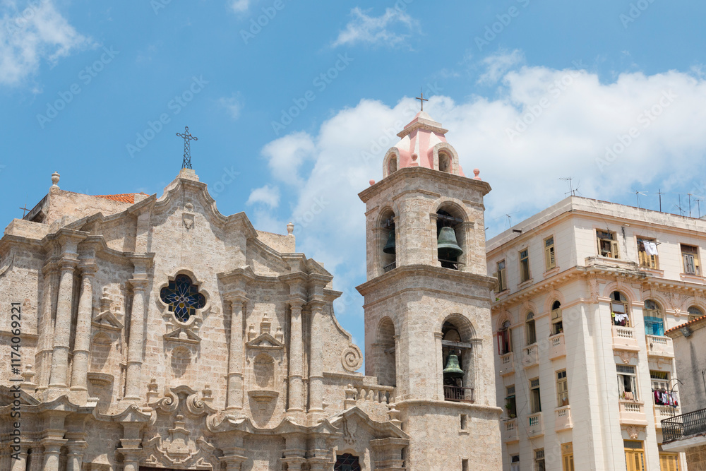 Cuba, Havana. Havana Cathedral. The Cathedral of the Virgin Mary of the Immaculate Conception. Cuban Baroque facade. 2016-04-02 Cuba, Havana. Havana Cathedral. The Cathedral of the Virgin Mary of the Immaculate Conception. Cuban Baroque facade. 2016-04-02