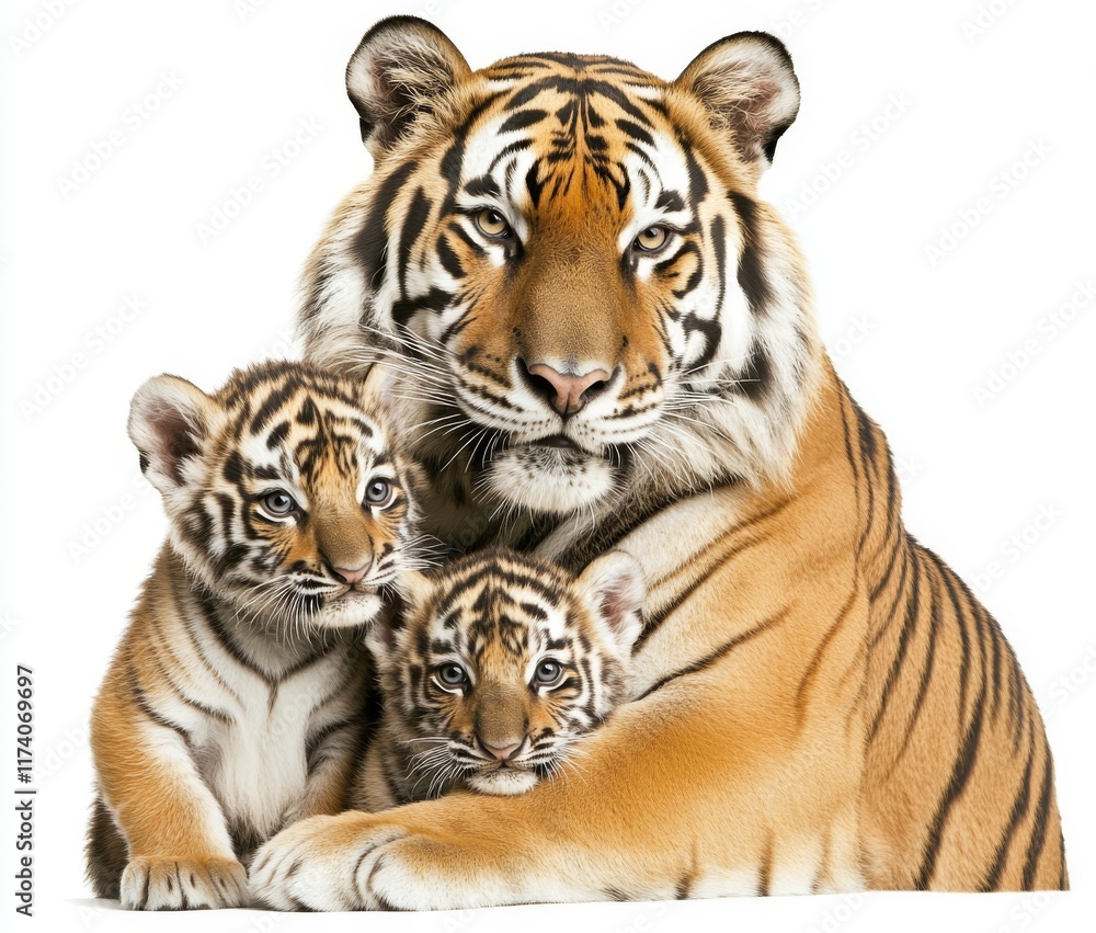 Fototapeta premium Tiger and her cubs standing in front with a white background