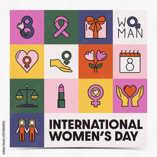 International Women's Day, March 8 cover, poster, greeting card, label, flyer, banner with cute, colorful icons	