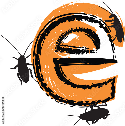 Letter e filled with cockroaches and bugs.