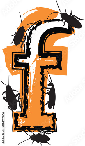 Letter f filled with cockroaches and bugs.
