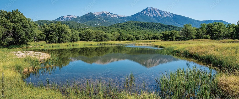 Fototapeta premium Serene mountain lake reflecting majestic peaks under a clear sky.