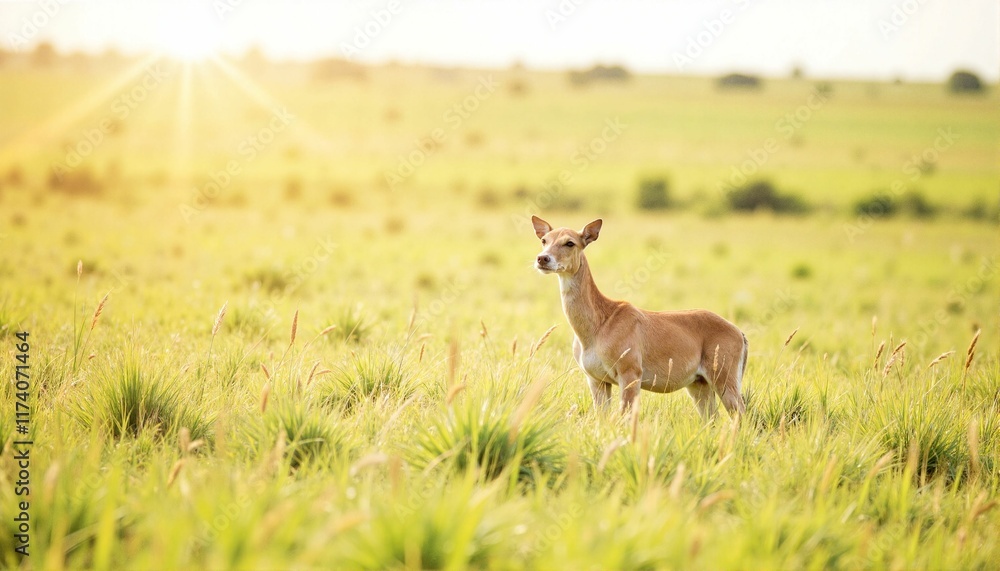Naklejka premium Graceful deer standing in sunlit grassland, natural beauty