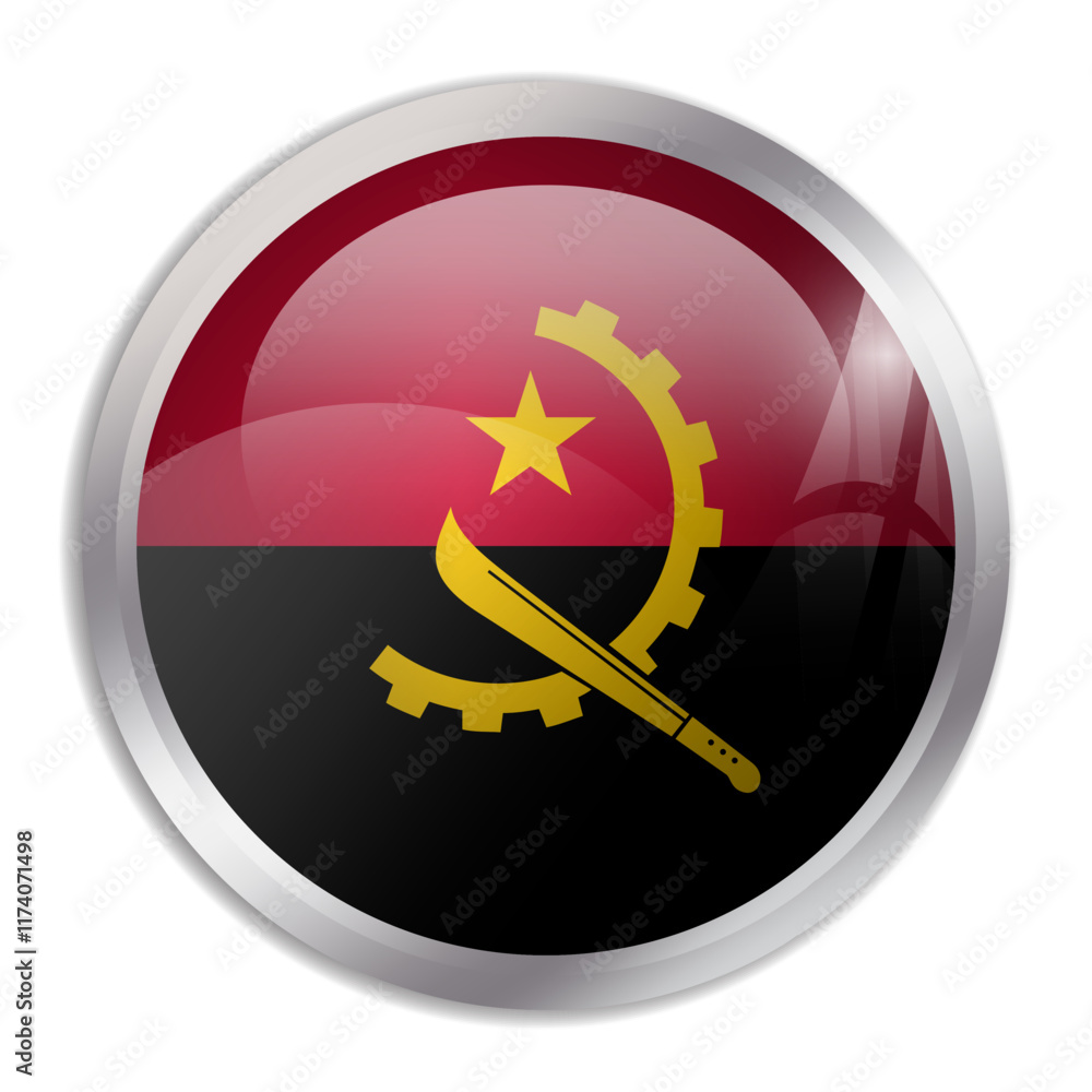 Angola flag - glossy circle button displays a colorful flag representing a country cultural identity and heritage. The essence of national pride and unity. Angola flag - glossy circle button displays a colorful flag representing a country cultural identity and heritage. The essence of national pride and unity.