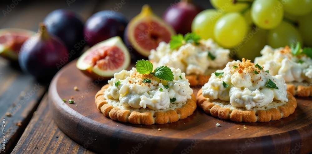 Crumbly blue cheese on crackers with grapes and figs, vintage, table setting Crumbly blue cheese on crackers with grapes and figs, vintage, table setting