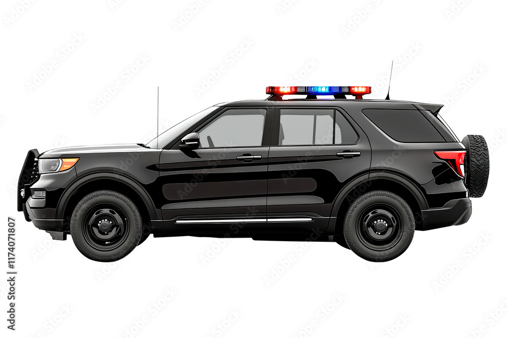 Black police SUV with red and blue lights on the roof and protective bumper guard. Modern law enforcement vehicle, isolated on a transparent background. Black police SUV with red and blue lights on the roof and protective bumper guard. Modern law enforcement vehicle, isolated on a transparent background.