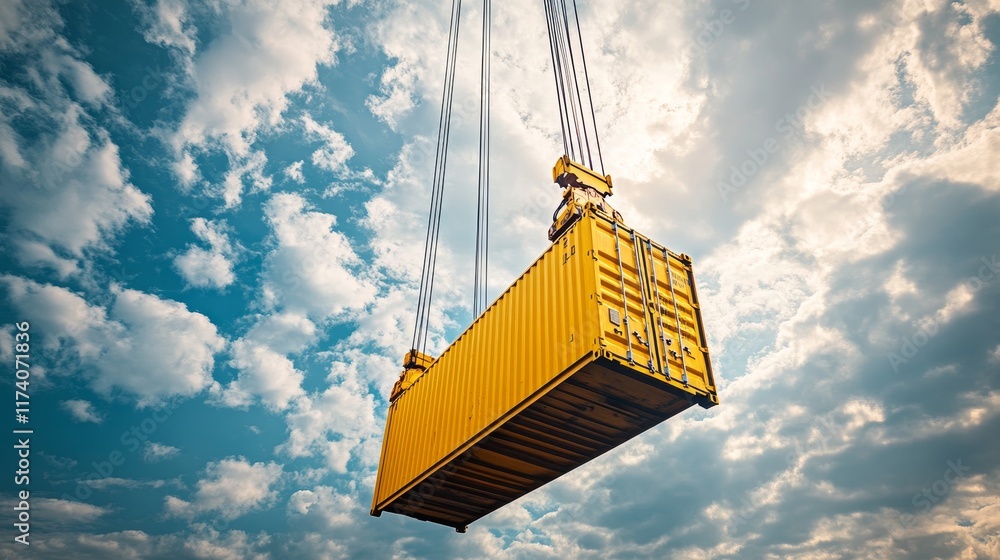 Fototapeta premium Yellow Cargo Container Lifted by Crane Against Cloudy Blue Sky, Shipping and Logistics Concept