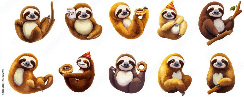 Asleep sloths. Adorable baby wild sloths resting on branches in serene poses, modern illustrations Asleep sloths. Adorable baby wild sloths resting on branches in serene poses, modern illustrations