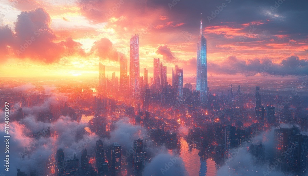 Fototapeta premium Futuristic City Skyline in Watercolor Pastel Style with Towering Glass Buildings and Warm Sunset Reflections