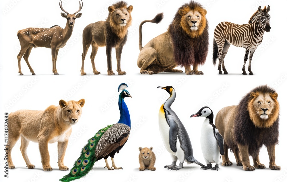 Obraz premium A collection of diverse Asian wild animals comprising birds, mammals, reptiles, and insects