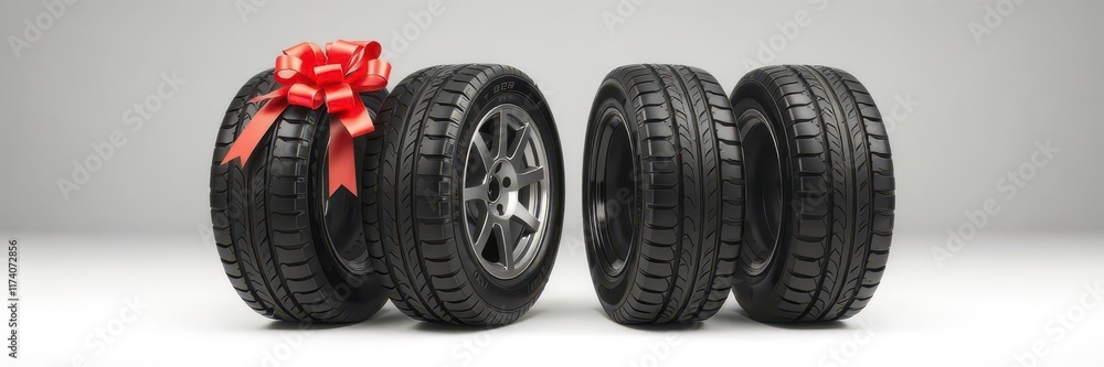 Four new tires, ribbon, bow, gift presentation, studio, gift Four new tires, ribbon, bow, gift presentation, studio, gift