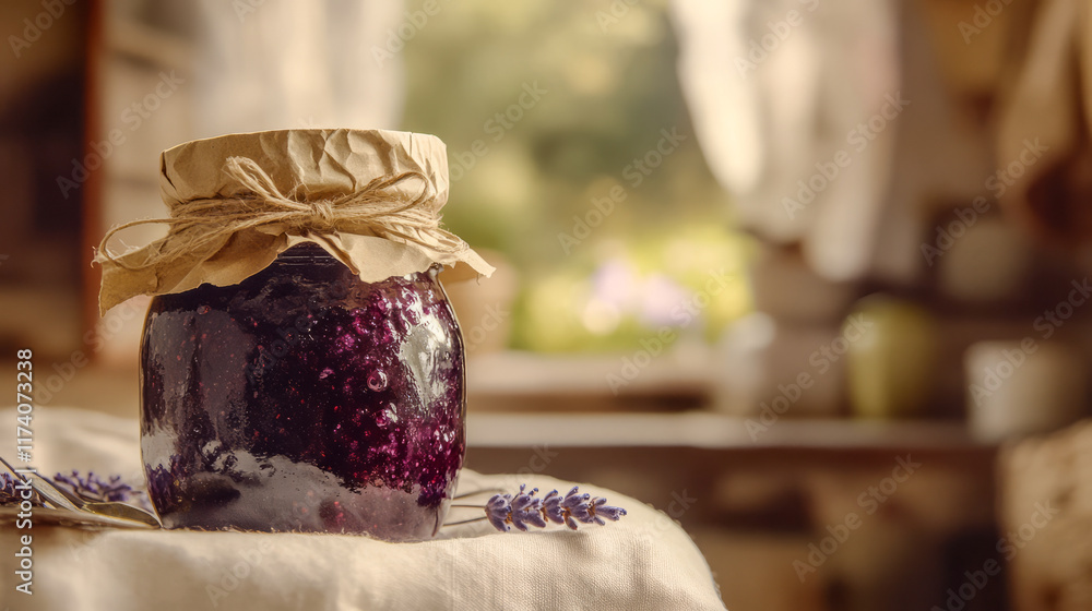 Rustic jar of homemade blueberry jam with lavender on cloth in sunlit kitchen Rustic jar of homemade blueberry jam with lavender on cloth in sunlit kitchen