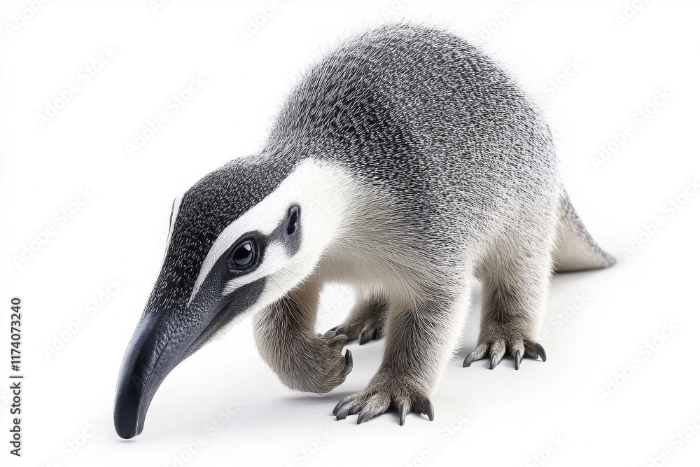 Fototapeta premium Giant anteater set against a white background. This cute animal hails from Brazil. Known scientifically as Myrmecophaga tridactyla, it features a long tail and a prominent nose, capturing a wildlife