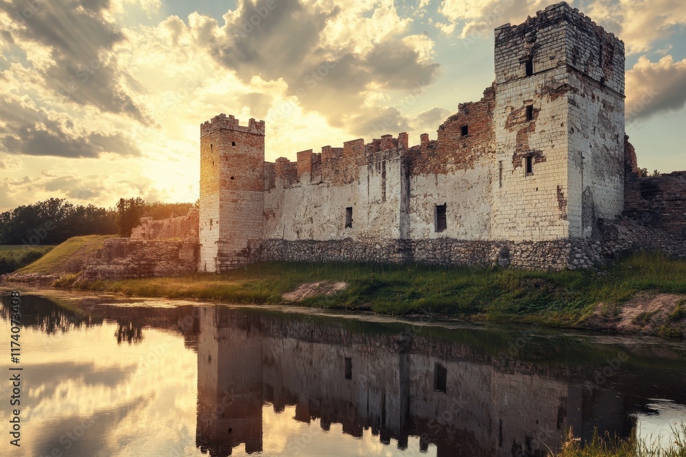 Historical castle ruins by the river at sunrise with reflection on the water Historical castle ruins by the river at sunrise with reflection on the water