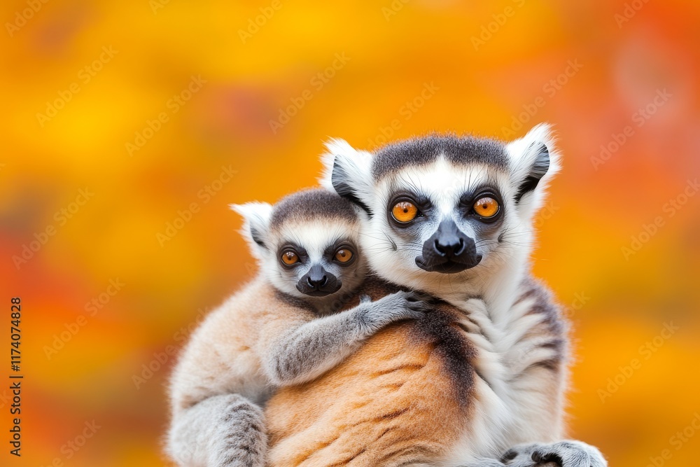 Obraz premium A mother ring-tailed lemur (Lemur catta) carrying her baby sitting on a stone at Andringitra National Park in Madagascar, an endangered and endemic wildlife species