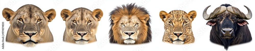 Fototapeta premium Big five collection, African animal bundle featuring portraits of a lion, elephant, African buffalo, rhinoceros, and leopard, isolated on a white background as a transparent PNG