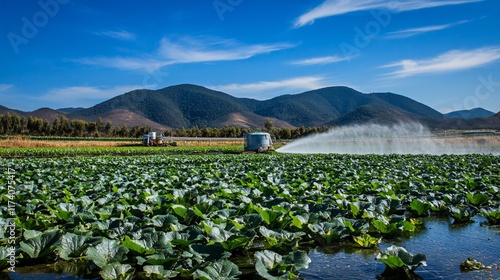 Irrigation system watering cabbage field in a mountainous region. photo