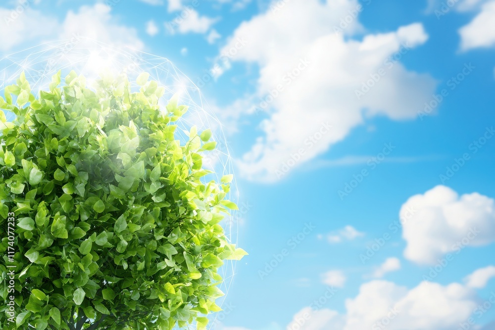 Flourishing eco-tech tree in virtual reality garden nature scene inspirational environment aerial view ecological concept Flourishing eco-tech tree in virtual reality garden nature scene inspirational environment aerial view ecological concept
