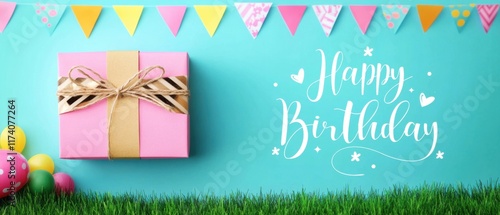 Wallpaper Mural Festive Happy Birthday Gift Box with Pastel Decor and Grass Torontodigital.ca