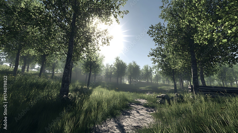 Fototapeta premium A serene forest scene with sunlight filtering through trees and a winding path.
