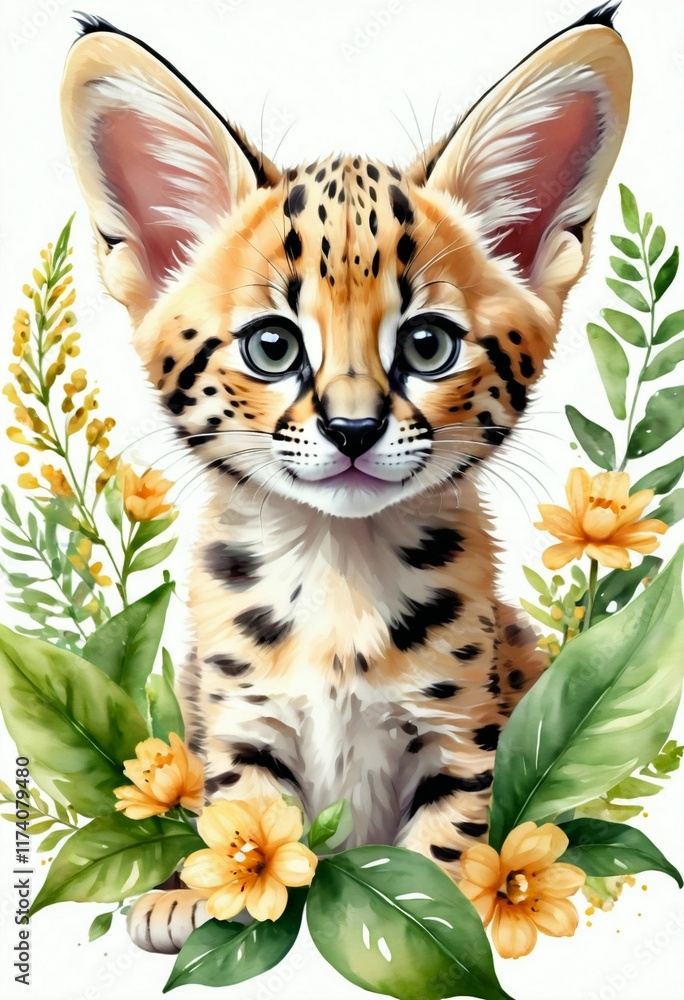Fototapeta premium little cute watercolor baby serval with flowers