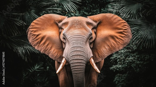 In a verdant field, a large elephant stands, gazing directly at the camera with its trunk raised, creating a peaceful and serene scene