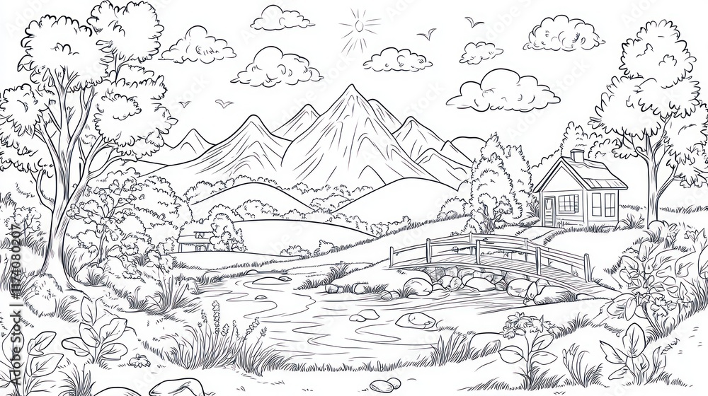Naklejka premium Peaceful Cottage Scene With River Bridge And Mountains