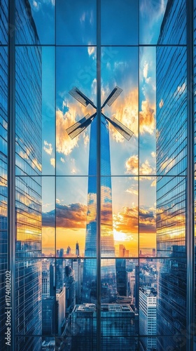 Futuristic cityscape featuring towering glass skyscrapers and a stunning sunset reflection in the city  Modern urban architecture financial district photo